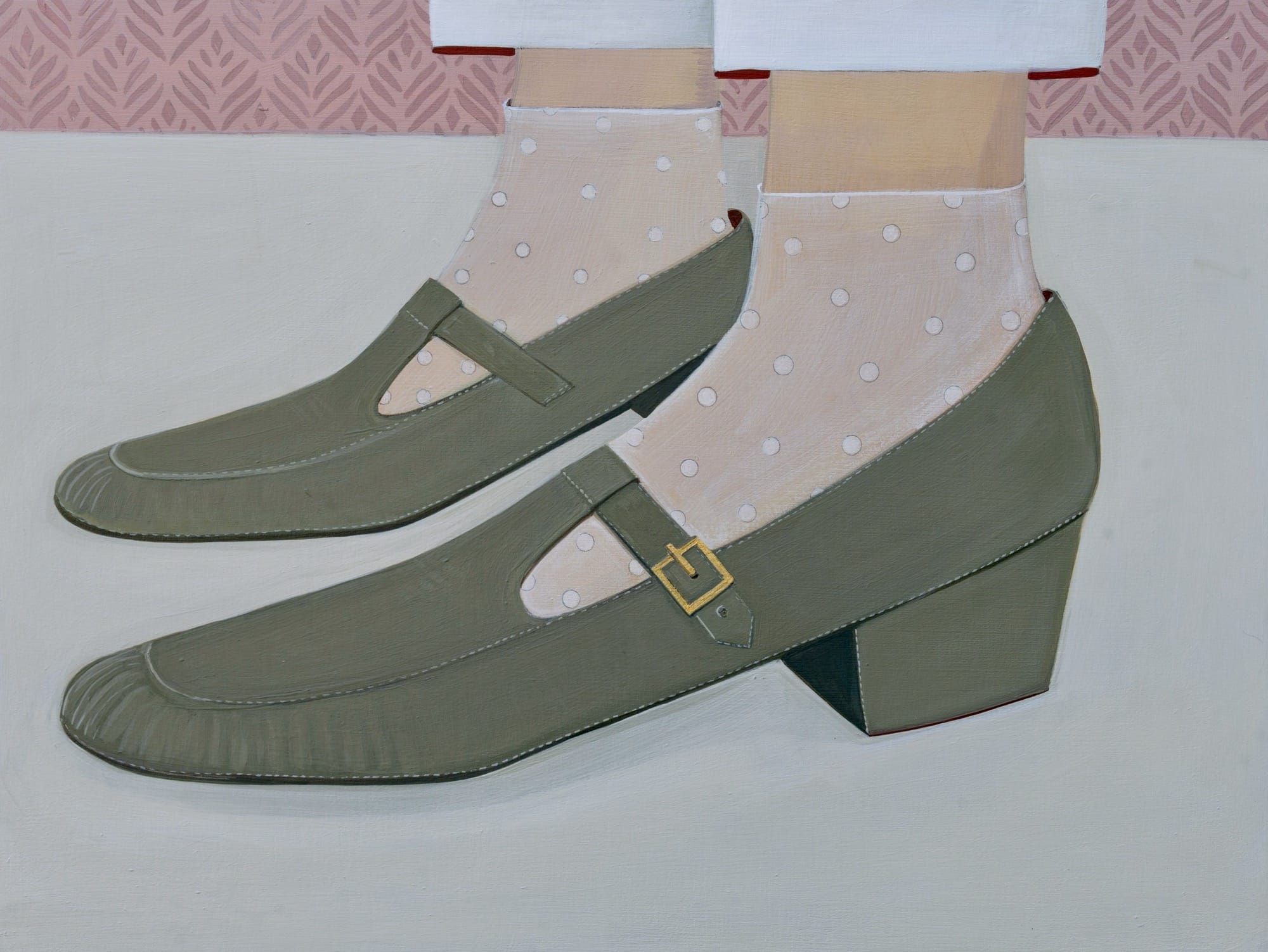 a painting by Angela Burson of a woman's feet with gray mary janes and sheer white polka dot socks