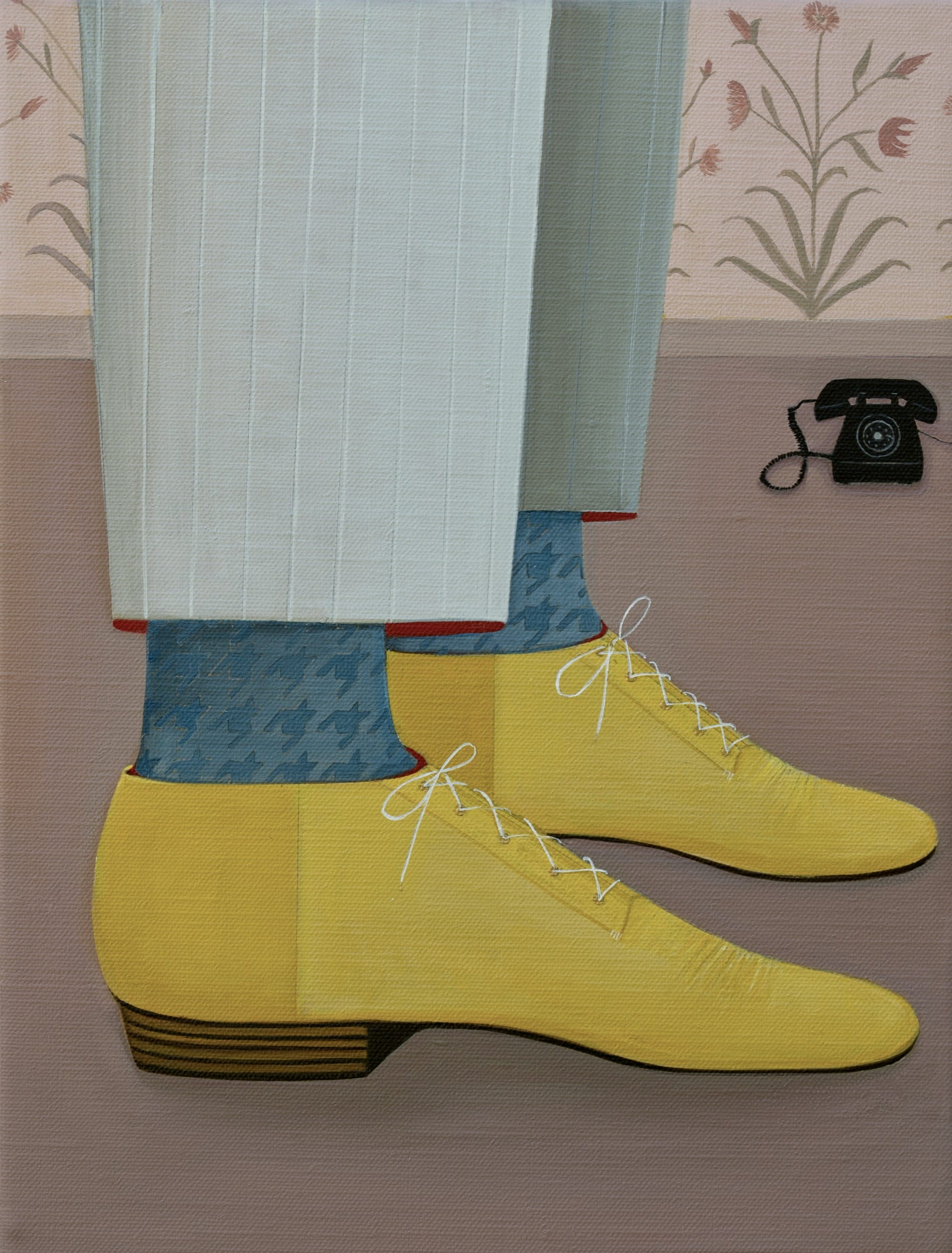 a painting by Angela Burson of a man's feet and legs. he wears yellow shoes, blue socks, and gray-blue pants. a small black rotary phone sits on the floor in the background