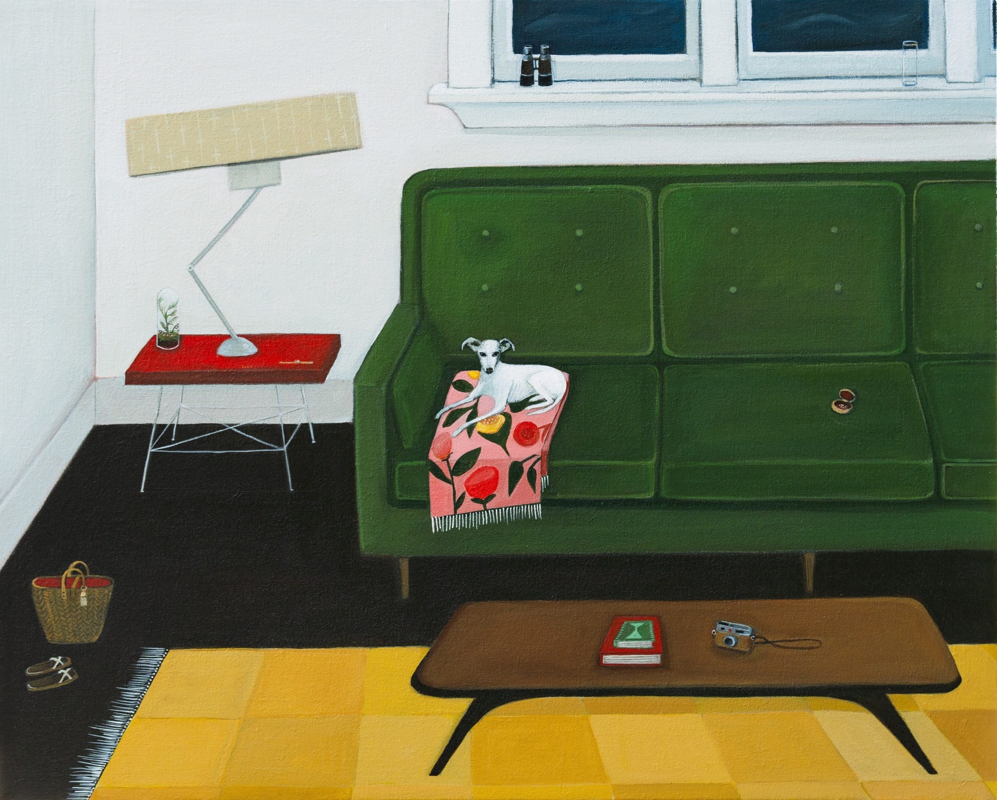 a painting by Angela Burson of a small dog on a pink floral blanket on a green couch next to a tiny open compact