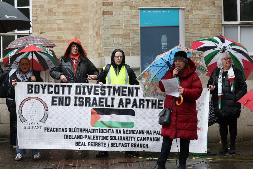 Pro-Palestinian protesters gather outside the BBC Northern Ireland office on Bedford Street in Belfast city centre. Picture by Jonathan Porter/PressEye
