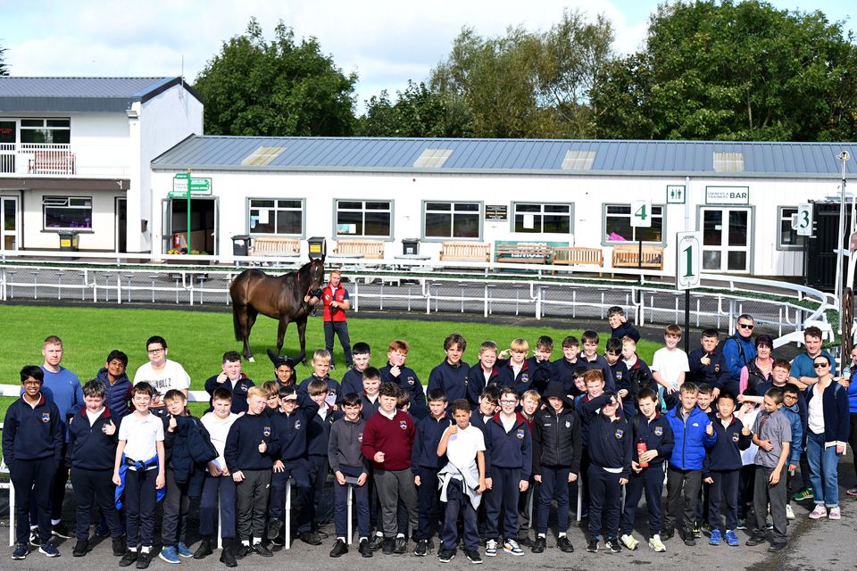 Pupils from local Dromclough National School enjoy their day at the racecourse for Horse Racing Ireland Kids' Day with trainer Eoin McCarthy and Jekiki. Photo Healy Racing.