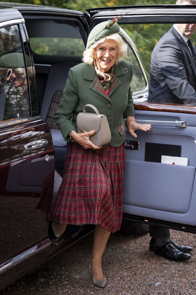 CRATHIE, ABERDEENSHIRE - SEPTEMBER 7: Queen Camilla arrives to attend a Sunday church service at Crathie Kirk, near Balmoral on September 7, 2025 in Crathie, Aberdeenshire. (Photo by Aaron Chown - Pool / Getty Images)