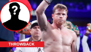 Canelo Alvarez before his fight with Edgar Berlanga, inset mystery icon and throwback banner