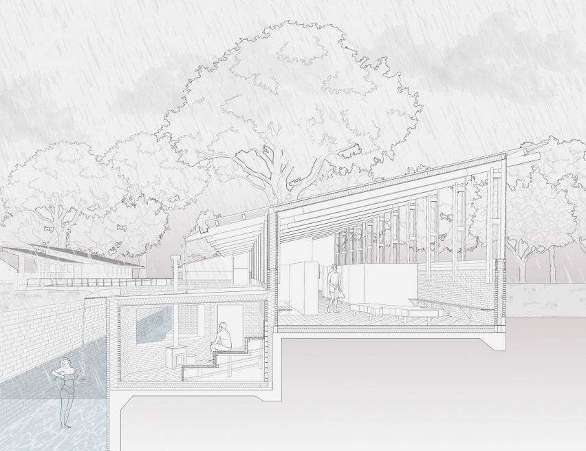 an illustration of a building in tones of white and black