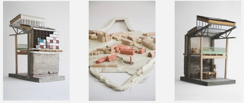a series of three photographs of an architectural model