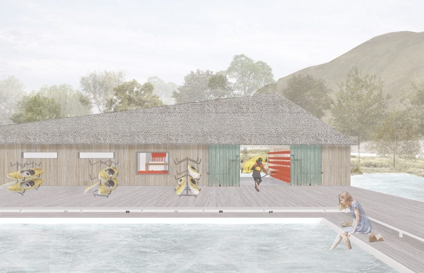 an image of a building in tones of brown and grey beside a pool