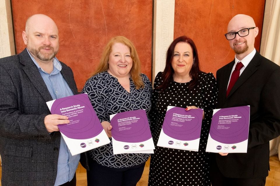  Pictured L-R at the launch event in the Long Gallery are Scott Cuthbertson from The Rainbow Project, Justice Minister Naomi Long, HEReNI Director Cara McCann, and Adam Murray from Cara-Friend.

