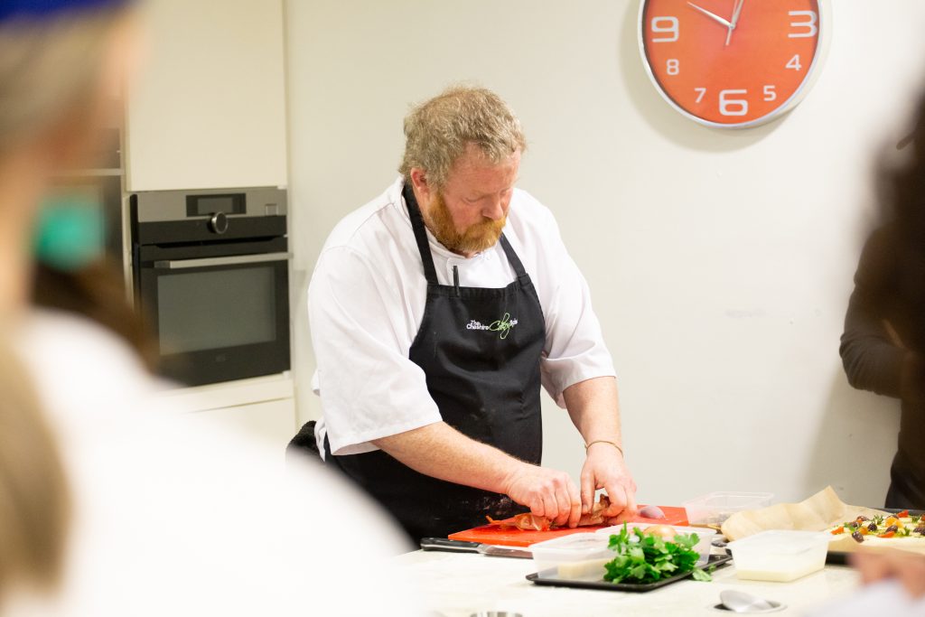 Rob Owen Brown chef cooking demonstration at cheshire cookery school