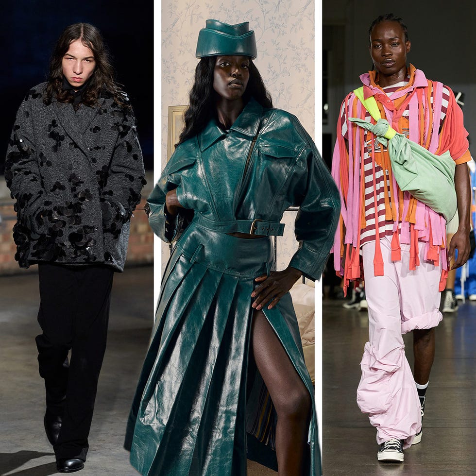 fashion runway featuring three distinct outfits