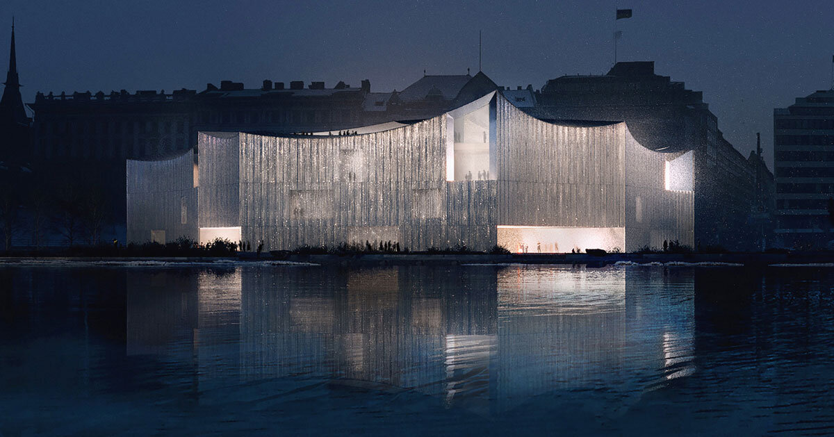 textured glass skin forms into curved roof for cossement cardoso's helsinki museum