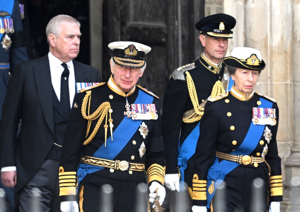 Prince Andrew, Prince Edward, King Charles and Princess Anne at the funeral of Queen Elizabeth II