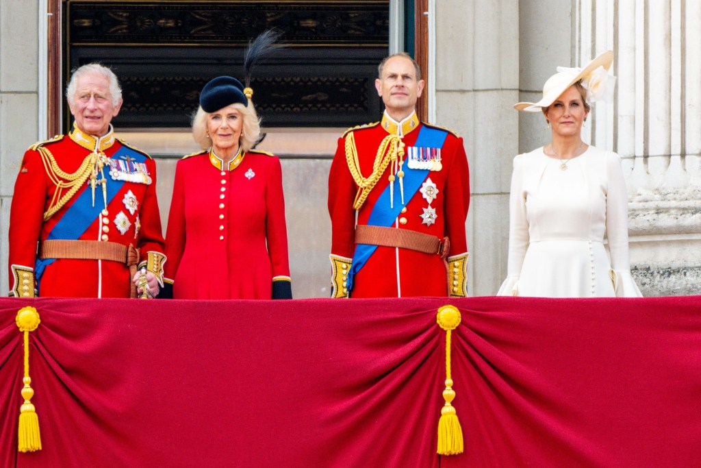 Prince Edward on Buckingham Palace balcony next to wife Duchess Sophie, Queen Camilla and King Charles