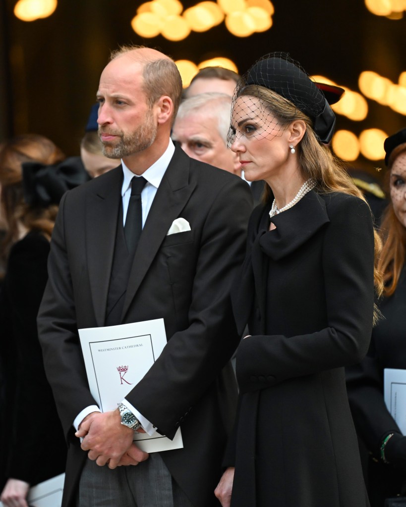 Prince William and Princess Kate frowning wearing black attire at the Duchess of Kent's funeral