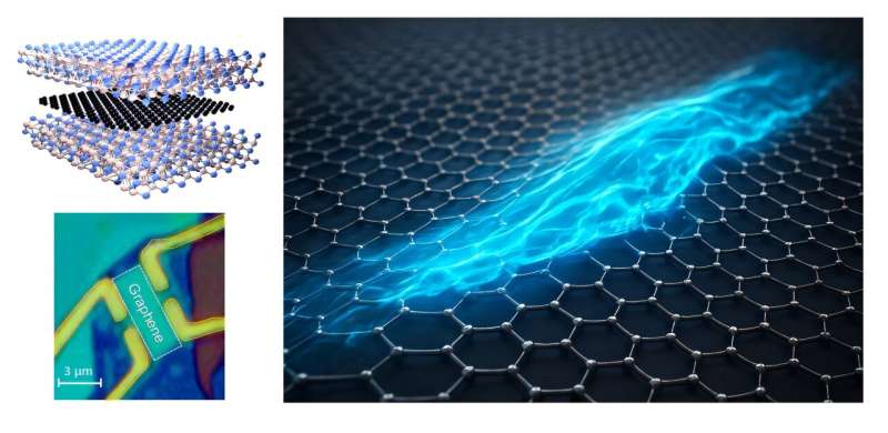 Top Left: 3D atomistic model of the graphene device. Bottom Left: Top view of the actual device, as seen under an optical microscope. Right: Artistic Illustration of electrons moving like a fluid inside graphene. Credit: Aniket Majumdar Cracking graphene's quantum code