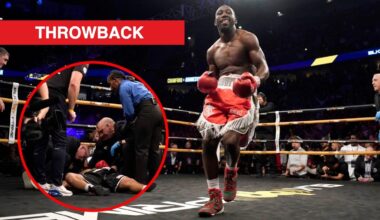Terence Crawford celebrates KO win over David Avanesyan with inset of Avanesyan on the canvas