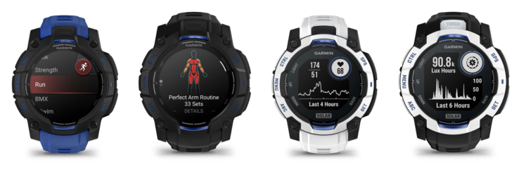 From left to right: the Garmin Instinct 3 45 mm AMOLED, 50 mm AMOLED, 45 mm Solar and 50 mm Solar Supernova Collection watches. (Image source: Garmin, edited)