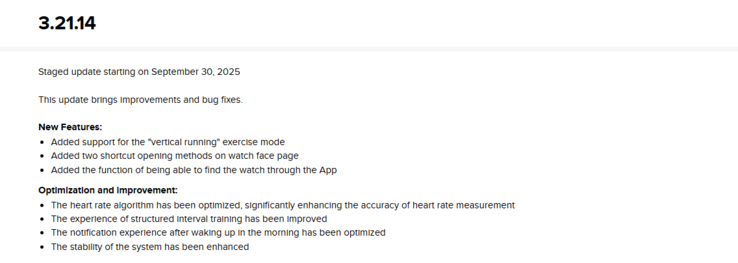 The release notes for software version 3.21.14 for the Suunto Run. (Image source: Suunto)