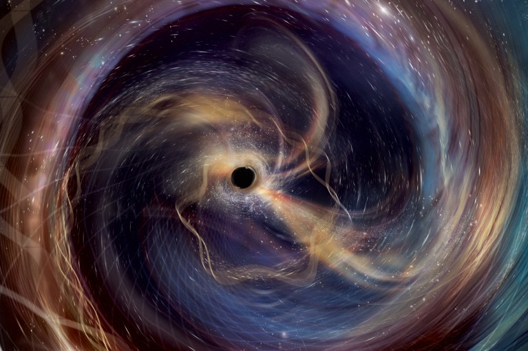 An illustration of a black hole merger with a with a black spot in the centre with wavey lines of light spiralling around it on a starry background
