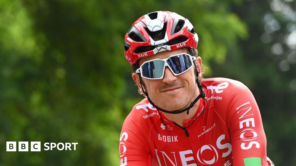 Geraint Thomas wearing sunglasses smiles while riding