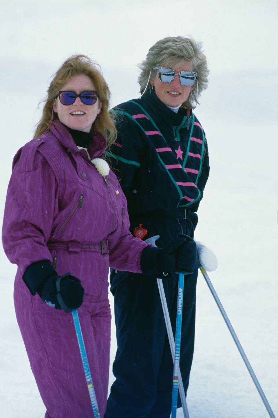 Sarah Ferguson and Princess Diana wearing ski suits