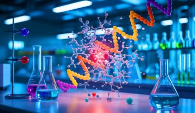 Illustration of a chemical reaction between RNA and amino acids in a lab setting.