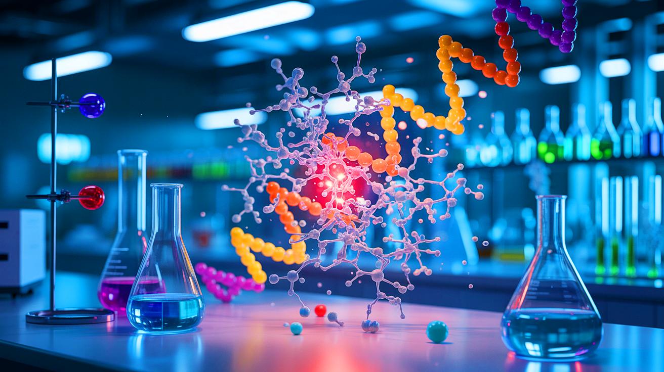 Illustration of a chemical reaction between RNA and amino acids in a lab setting.