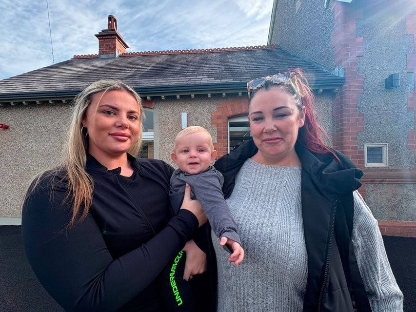 Rebecca Smyth (left) with her son Tommy and mother Zoe Temple at the Hilden School building as it reopened after a £2m renovation project