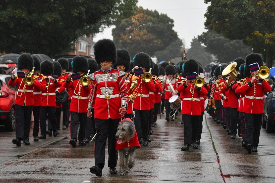 The Irish Guards today were on Parade today as they are laying down their regimental colours at St. Mark's Parish Church in Dundela, East Belfast. This event is a historic, one-off event to mark the regiment's 125th anniversary and will be the only set of their colours to reside outside of London.  The Parade which took place along Belmont Road featured the Band of the Irish Guards, Pipes and Drums Irish Guards and Campbell College Pipe Band along with the Irish Guards Association & Army Cadet force.

Photo - Andrew McCarroll/ Pacemaker Press