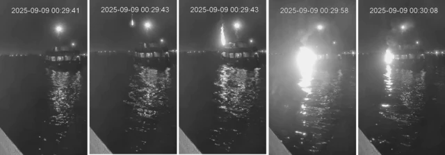 Five frames of a video showing what looks like a strike on a boat