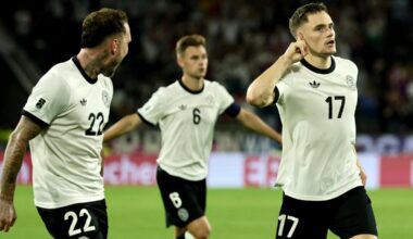 Germany's Florian Wirtz (right) celebrates with teammates after scoring their third goal on Sept 7 against Northern Ireland.