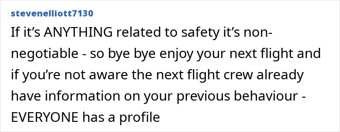 Comment about entitled passenger behavior and flight safety, referencing profiles of passengers kicked off flight.