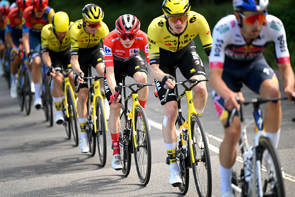 L'ANGLIRU, SPAIN - SEPTEMBER 05: Jonas Vingegaard of Denmark and Team Visma | Lease a Bike - Red Leader Jersey competes during the La Vuelta - 80th Tour of Spain 2025, Stage 13 a 203.7km stage from Cabezon de la Sal to L'Angliru 1556m / #UCIWT / on September 05, 2025 in L'Angliru, Spain. (Photo by Dario Belingheri/Getty Images)