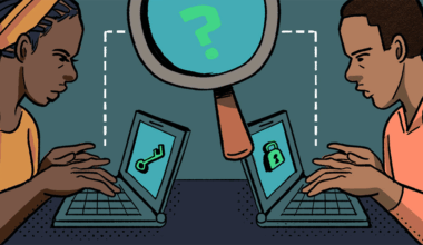 People communicating on devices with encryption, art by Chelsea Saunders