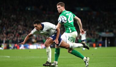 LONDON, ENGLAND: Jude Bellingham of England is tackled by Mark McGuinness of Ireland during the UEFA Nations League 2024/25 League B Group B2 match...