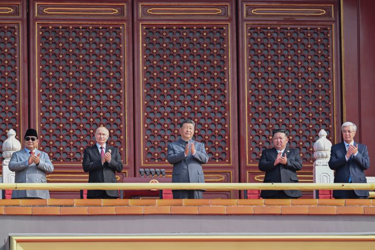 epaselect epa12347964 (L-R) Indonesian President Prabowo Subianto, Russian President Vladimir Putin, Chinese President Xi Jinping, North Korean leader Kim Jong Un and Kazakhstan President Kassym-Jomart Tokayev clap on the Tian'anmen Rostrum during a military parade marking the 80th anniversary of the end of the Sino-Japanese War in Beijing, China, 03 September 2025. China holds on 03 September celebrations to mark the 80th anniversary of the end of the Second Sino-Japanese War, known in China as the War of Resistance against the Japanese aggression, and the end of the World War II. EPA/XINHUA / Rao Aimin CHINA OUT / UK AND IRELAND OUT / MANDATORY CREDIT EDITORIAL USE ONLY EDITORIAL USE ONLY EDITORIAL USE ONLY