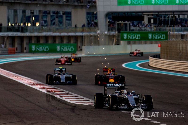 Lewis Hamilton, Mercedes F1 W07 Hybrid, leads Nico Rosberg, Mercedes F1 W07 Hybrid, and Max Verstappen, Red Bull Racing RB12