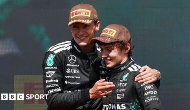 George Russell hugs Mercedes team-mate Kimi Antonelli