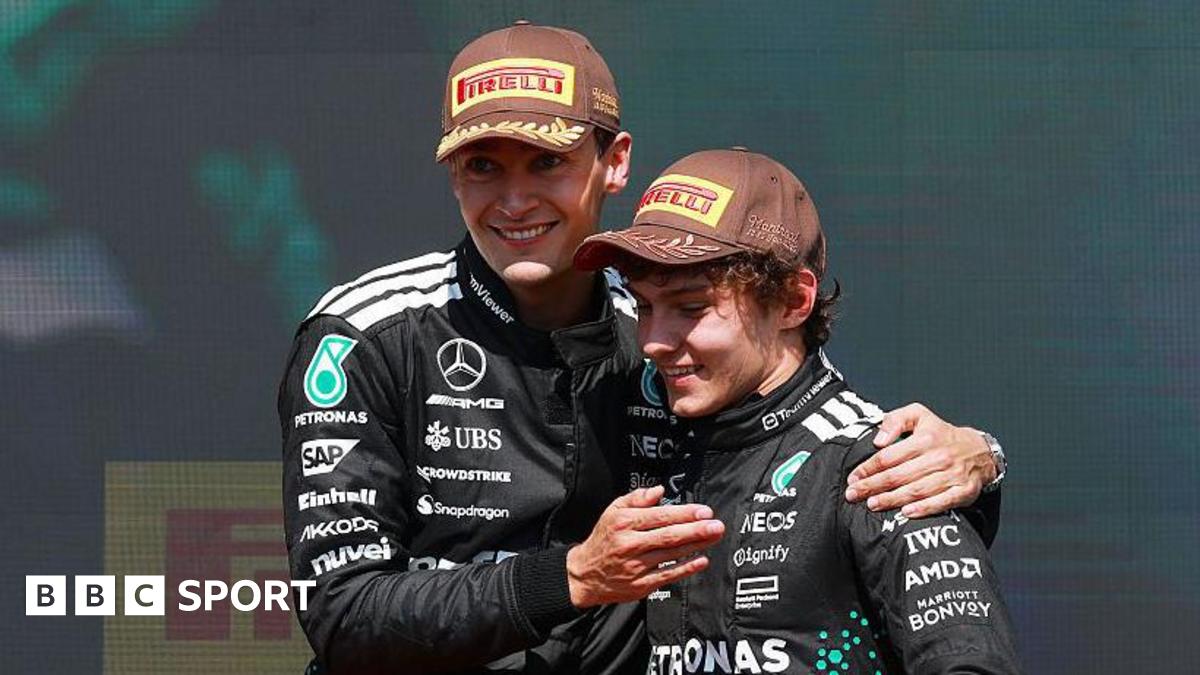 George Russell hugs Mercedes team-mate Kimi Antonelli