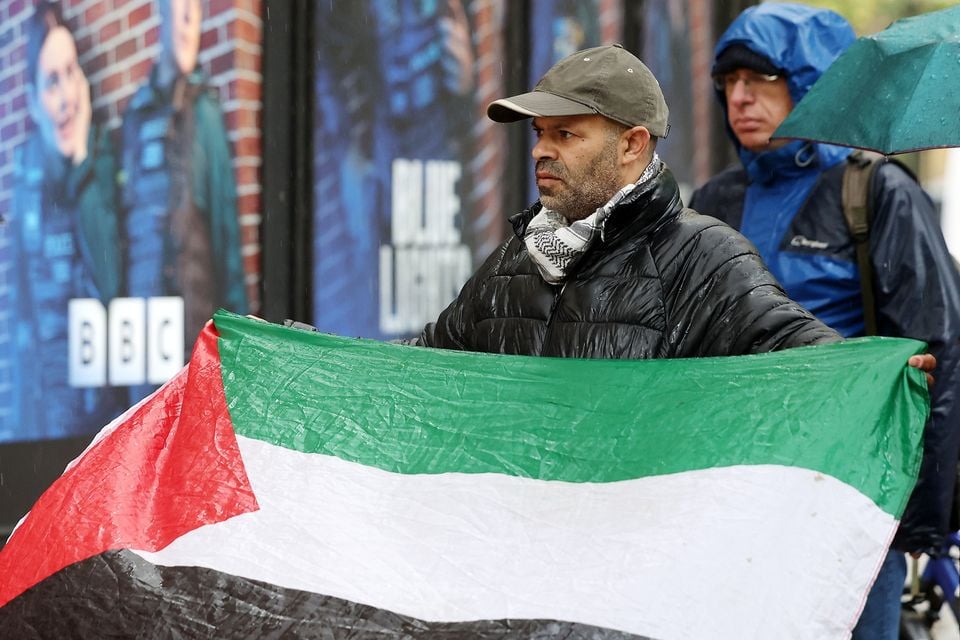 Pro-Palestinian protesters gather outside the BBC Northern Ireland office on Bedford Street in Belfast city centre. Picture by Jonathan Porter/PressEye