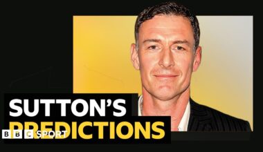 Chris Sutton smiling on a yellow and black background with 'Sutton's predictions' written below his face