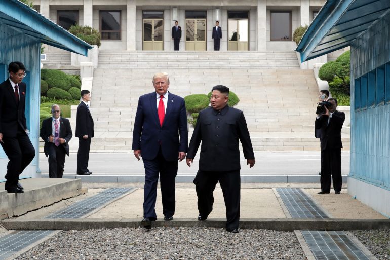 PANMUNJOM, SOUTH KOREA - JUNE 30: (SOUTH KOREA OUT): A handout photo provided by Dong-A Ilbo of North Korean leader Kim Jong Un and U.S. President Donald Trump inside the demilitarized zone (DMZ) separating the South and North Korea on June 30, 2019 in Panmunjom, South Korea. U.S. President Donald Trump and North Korean leader Kim Jong-un briefly met at the Korean demilitarized zone (DMZ) on Sunday, with an intention to revitalize stalled nuclear talks and demonstrate the friendship between both countries. The encounter was the third time Trump and Kim have gotten together in person as both leaders have said they are committed to the "complete denuclearization" of the Korean peninsula. (Photo by Handout/Dong-A Ilbo via Getty Images)