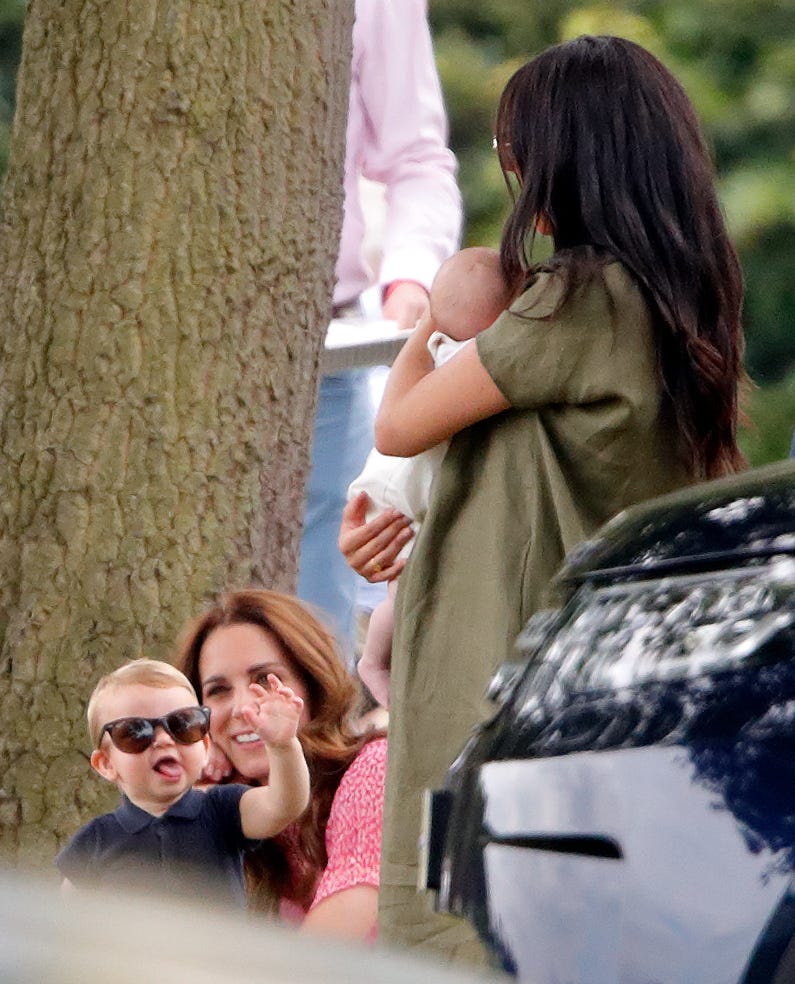 wokingham, united kingdom july 10: (embargoed for publication in uk newspapers until 24 hours after create date and time) prince louis of cambridge, catherine, duchess of cambridge, meghan, duchess of sussex and archie harrison mountbatten windsor attend the king power royal charity polo match, in which prince william, duke of cambridge and prince harry, duke of sussex were competing for the khun vichai srivaddhanaprabha memorial polo trophy at billingbear polo club on july 10, 2019 in wokingham, england. (photo by max mumby/indigo/getty images)