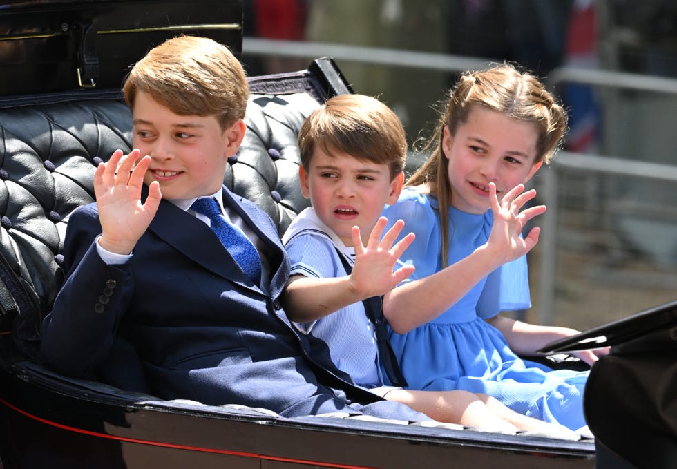 london, england june 02: prince george, prince louis and princess charlotte during trooping the colour on june 02, 2022 in london, england. the platinum jubilee of elizabeth ii is being celebrated from june 2 to june 5, 2022, in the uk and commonwealth to mark the 70th anniversary of the accession of queen elizabeth ii on 6 february 1952. trooping the colour, also known as the queens birthday parade, is a military ceremony performed by regiments of the british army that has taken place since the mid 17th century. it marks the official birthday of the british sovereign. this year, from june 2 to june 5, 2022, there is the added celebration of the platinum jubilee of elizabeth ii in the uk and commonwealth to mark the 70th anniversary of her accession to the throne on 6 february 1952. (photo by karwai tang/wireimage)