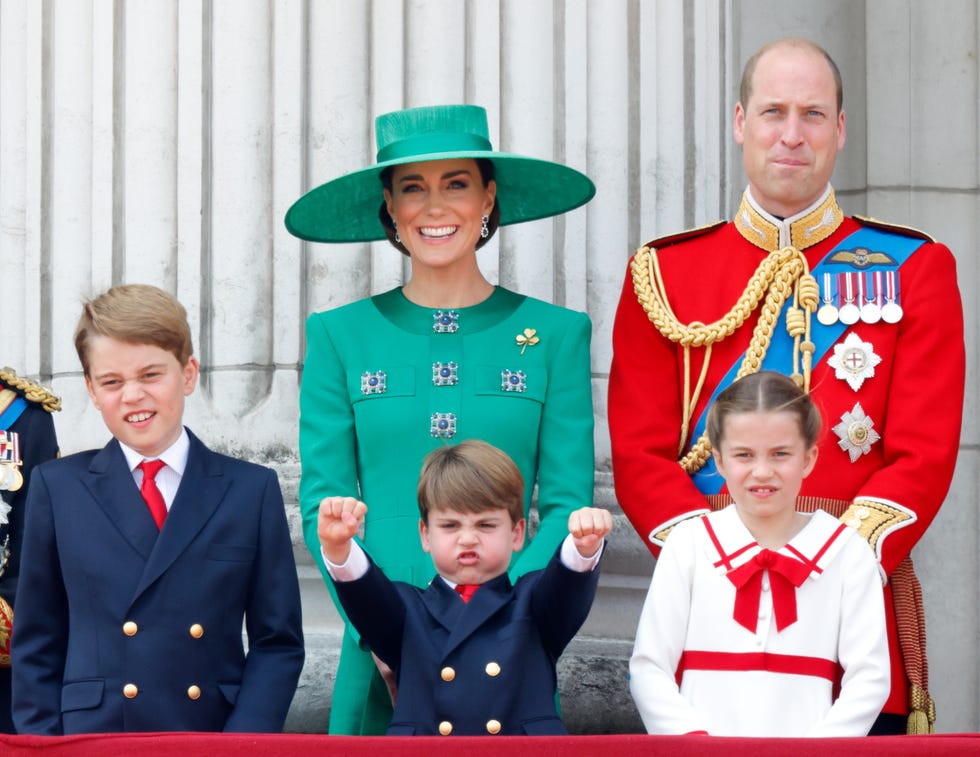 london, united kingdom june 17: (embargoed for publication in uk newspapers until 24 hours after create date and time) prince george of wales, prince louis of wales, catherine, princess of wales (colonel of the irish guards), princess charlotte of wales and prince william, prince of wales (colonel of the welsh guards) watch an raf flypast from the balcony of buckingham palace during trooping the colour on june 17, 2023 in london, england. trooping the colour is a traditional military parade held at horse guards parade to mark the british sovereigns official birthday. it will be the first trooping the colour held for king charles iii since he ascended to the throne. (photo by max mumby/indigo/getty images)