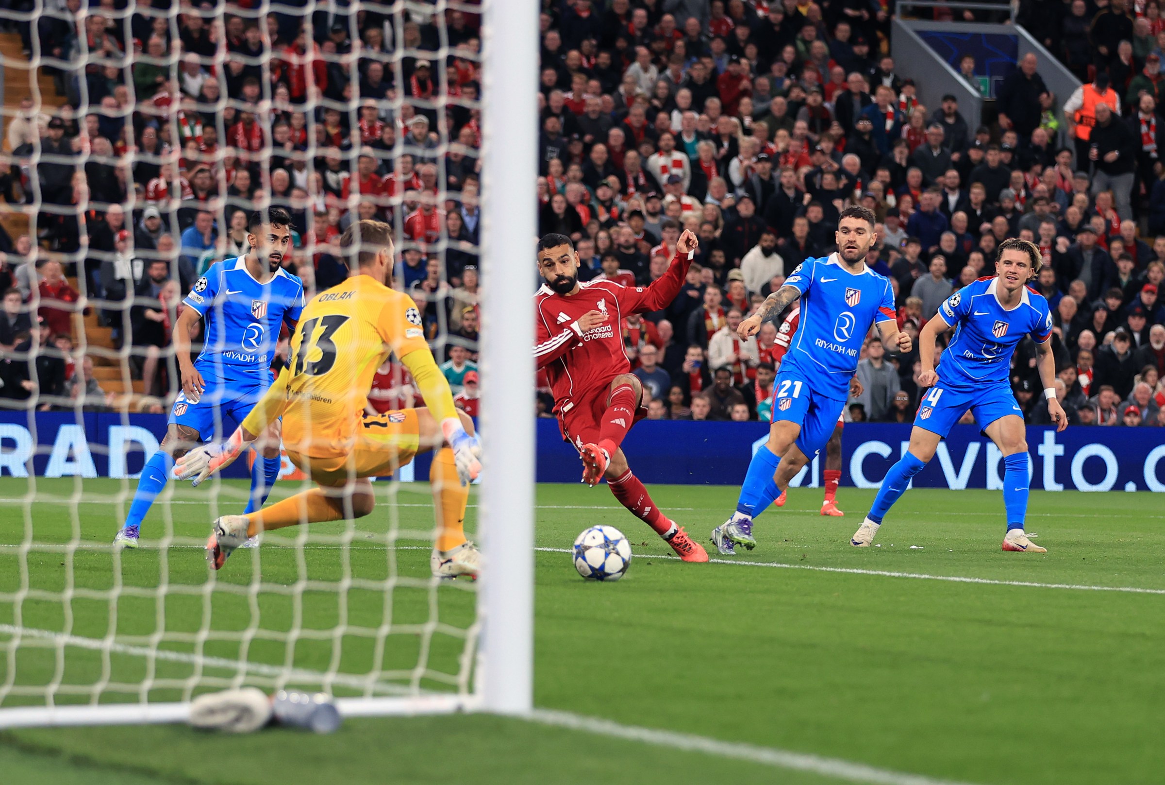 LIVERPOOL, ENGLAND - SEPTEMBER 17: Mohamed Salah of Liverpool scores their 2nd goal during the UEFA Champions League 2025/26 League Phase MD1 match between Liverpool FC and Atletico de Madrid at Anfield on September 17, 2025 in Liverpool, England. (Photo by Simon Stacpoole/Offside/Offside via Getty Images)
