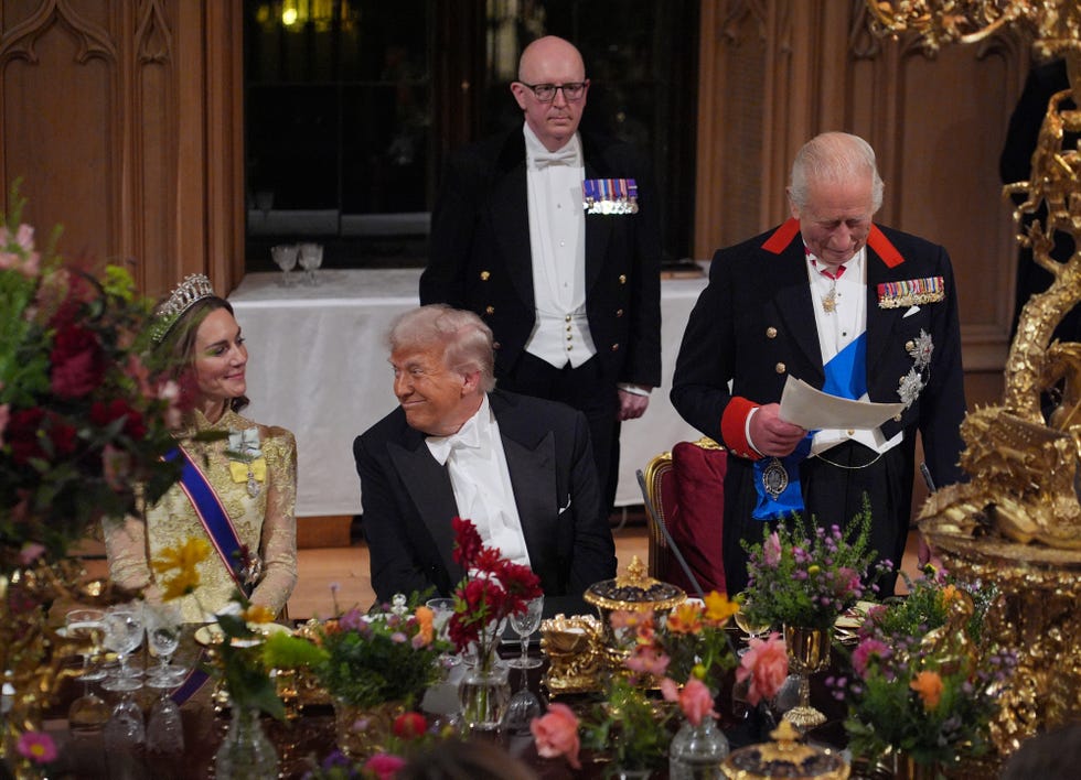 windsor, england september 17: king charles iii delivers his speech as us president donald trump and catherine, princess of wales listen during the state banquet at windsor castle for the state visit by the president of the united states of america on september 17, 2025 in windsor, england. president trump is in england from sept. 16 18 on his second uk state visit, with the previous one taking place in 2019 during his first presidential term. (photo by yui mok wpa pool/getty images)