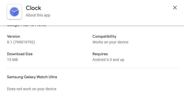 google clock wear os app no longer compatible with my v0 dc5x6zo4igof1