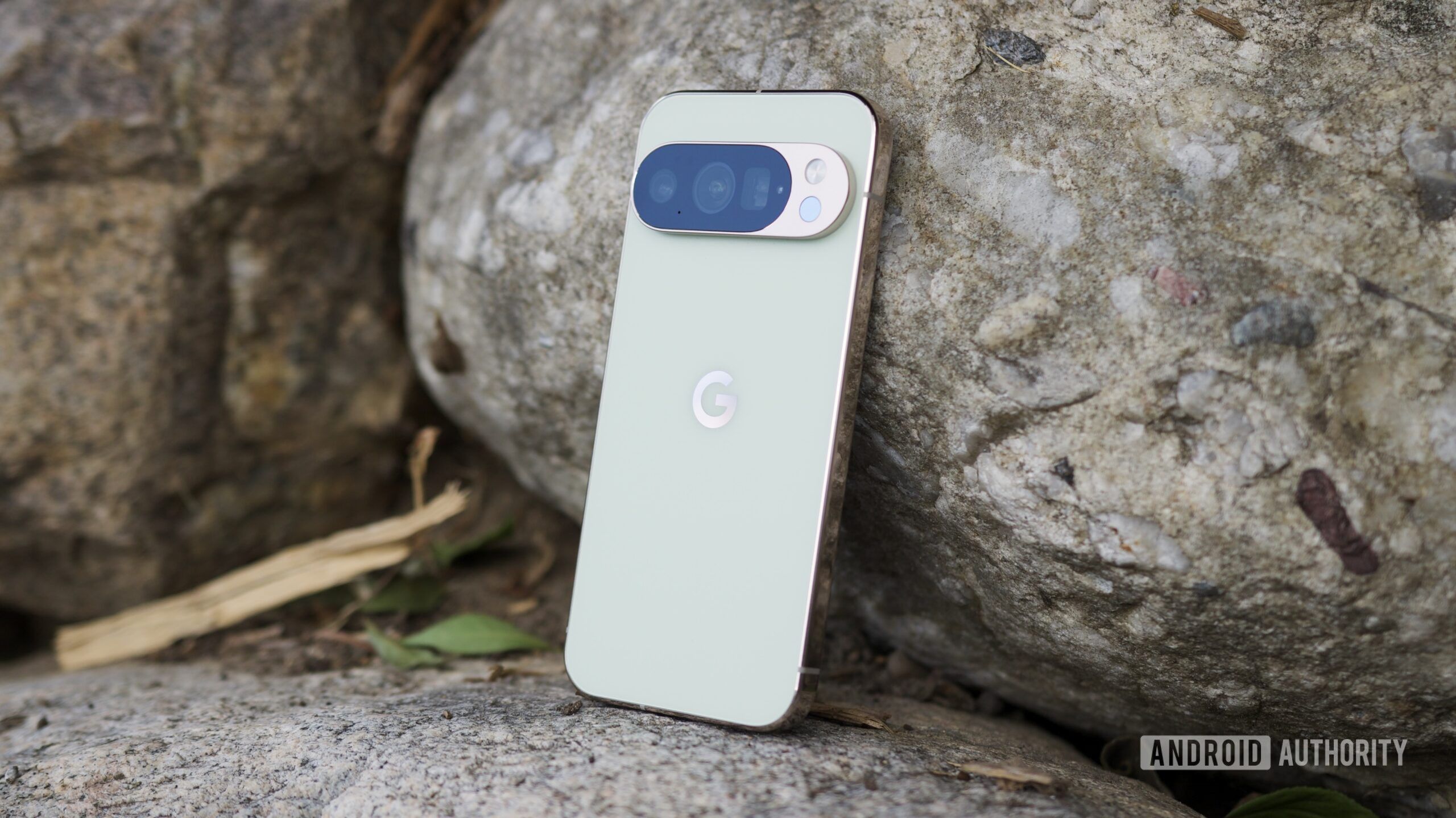 google pixel 10 pro jade back 7 The Google Pixel 10 Pro in Jade, laying up against a rock.