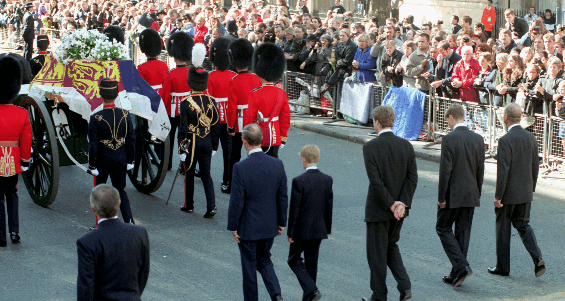 Prince William, Prince Philip, Prince Charles, Prince Harry and Earl Spencer walking behind Princess Diana's coffin