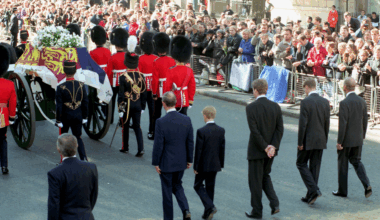 Prince William, Prince Philip, Prince Charles, Prince Harry and Earl Spencer walking behind Princess Diana's coffin